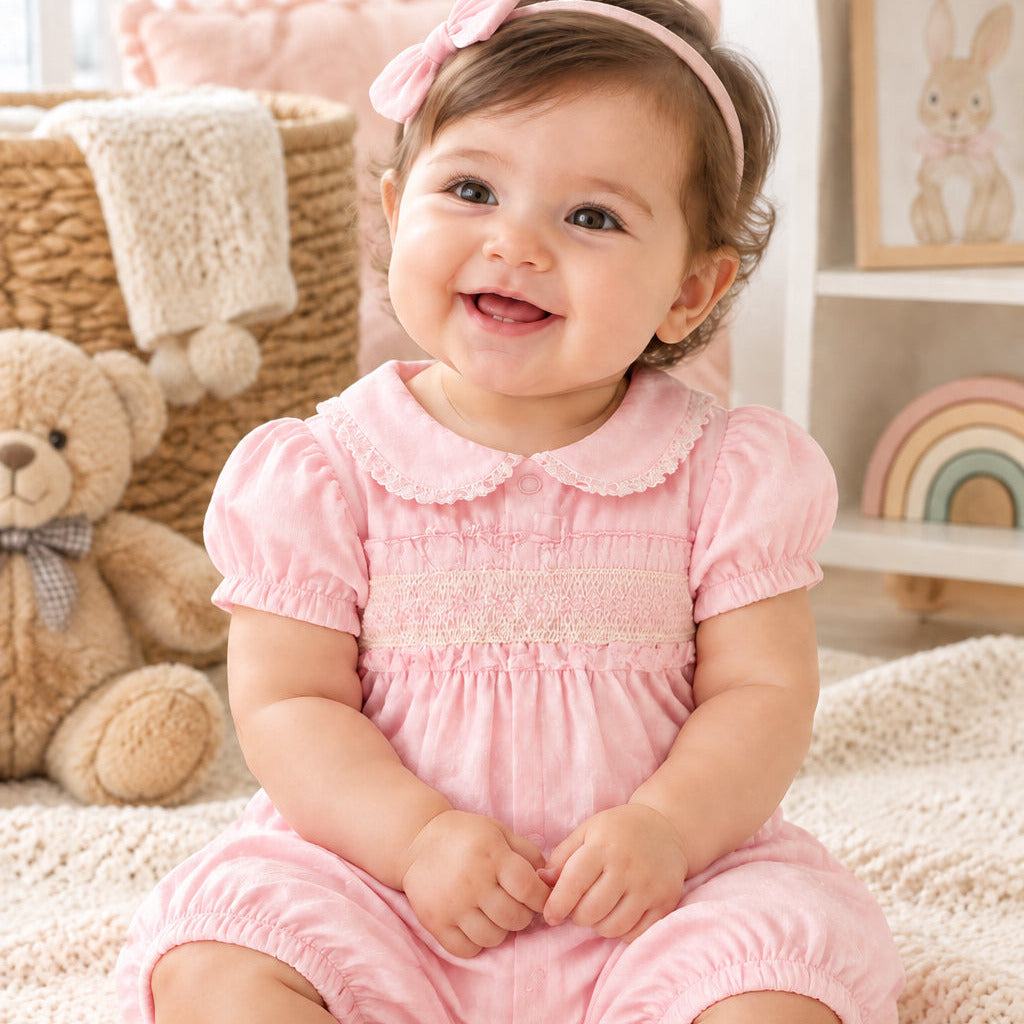 Pink baby girl romper with smocking and lace, available Newborn to 3-6 months