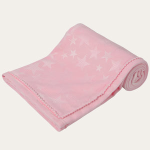 Pink Star Embossed Mink Wrap with Pom Pom Trim  Baby Blanket 75 x 90cm Baby Blanket.