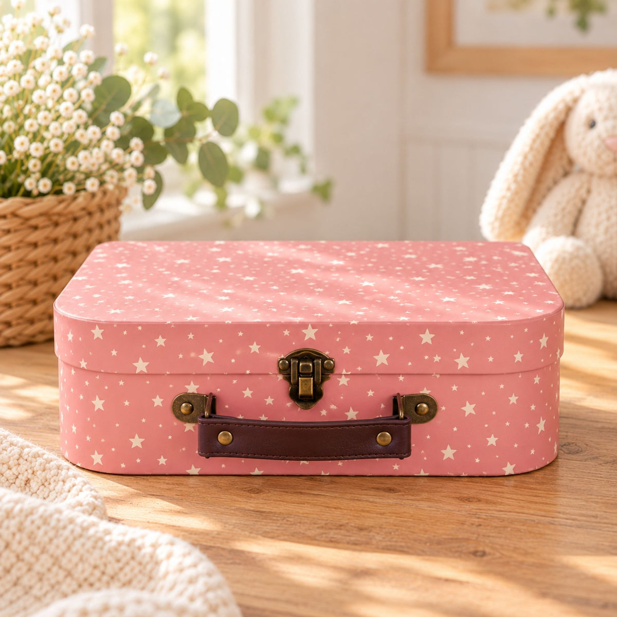 A pink  storage box with a white star pattern, a dark brown handle used as a baby hamper vessel