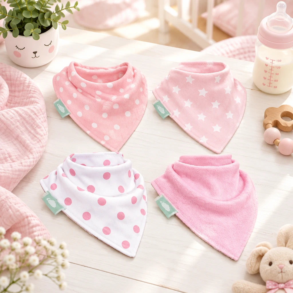 Four pink and white baby bandana bibs with stars, spots and plain pink designs arranged on a table