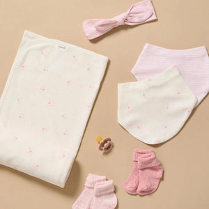 Pink striped baby bib made from organic cotton, part of a coordinated two pack of dribble bibs.