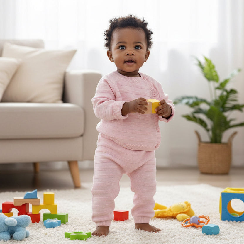 Baby girl wearing pink striped knitted baby clothes set with long sleeve top and trousers, standing in living room with toys