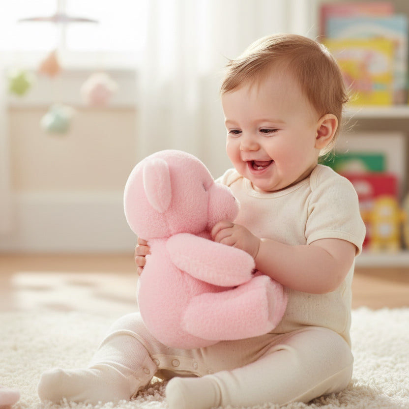 Soft pink teddy bear plush toy 25cm made from recycled materials with embroidered eyes and gentle baby-safe finish