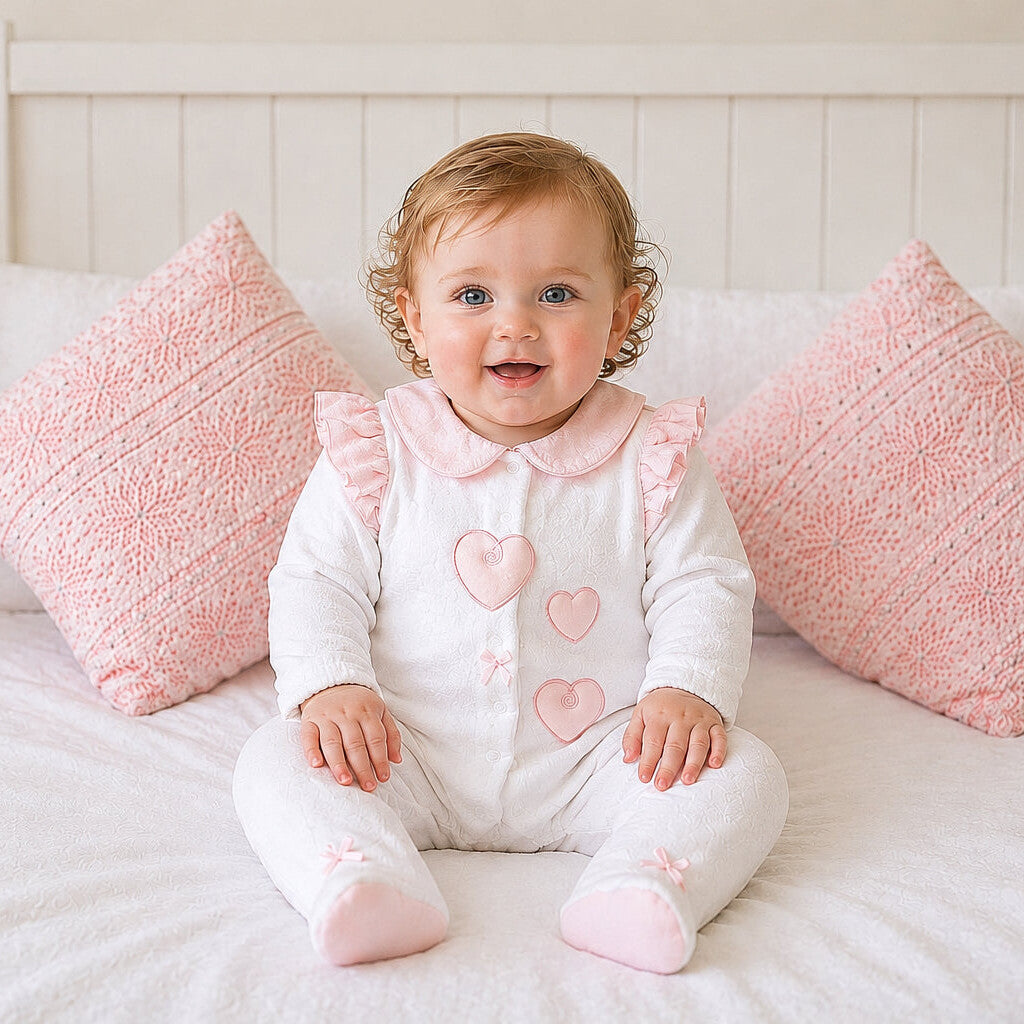 Pink and white Cuddle Me baby girl all-in-one with bow detail