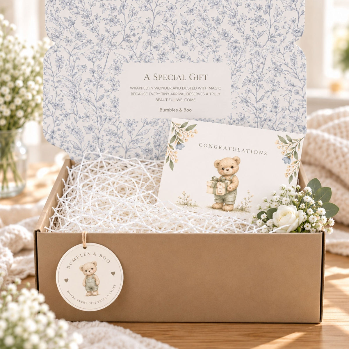 Gift box made of recycled cardboard ready to post. Beautifully deigned inside with a card and ribbon.