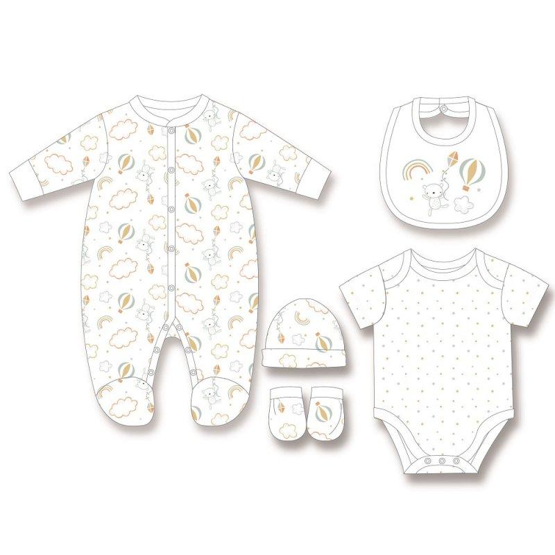 5 piece Unisex Baby Clothing Gift set with a playful bear and balloon pattern 