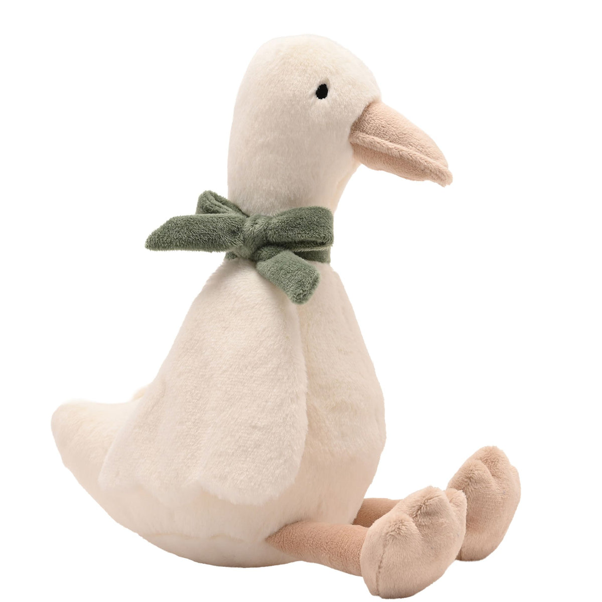 Cream plush goose in seated side view showing beige beak and feet against white