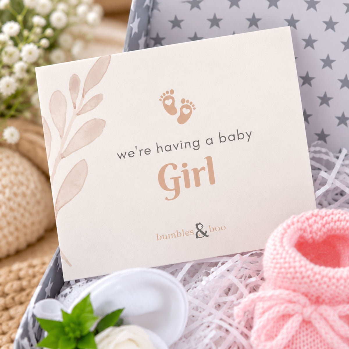 Gender reveal box, we're having a baby girl.Bumbles and Boo.