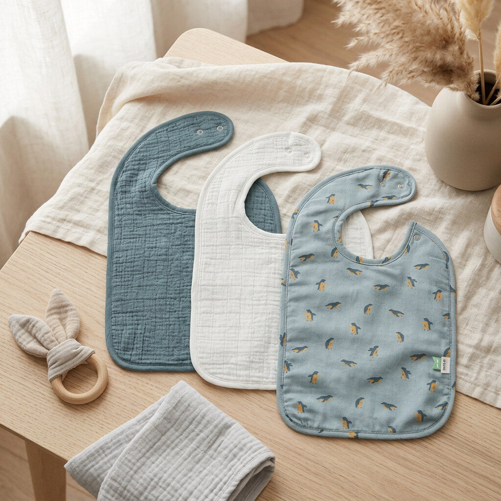 Three rounded baby bibs in penguin print, pale blue and teal