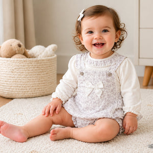 Purple jacquard baby girl pinafore and cream top set with bow detail
