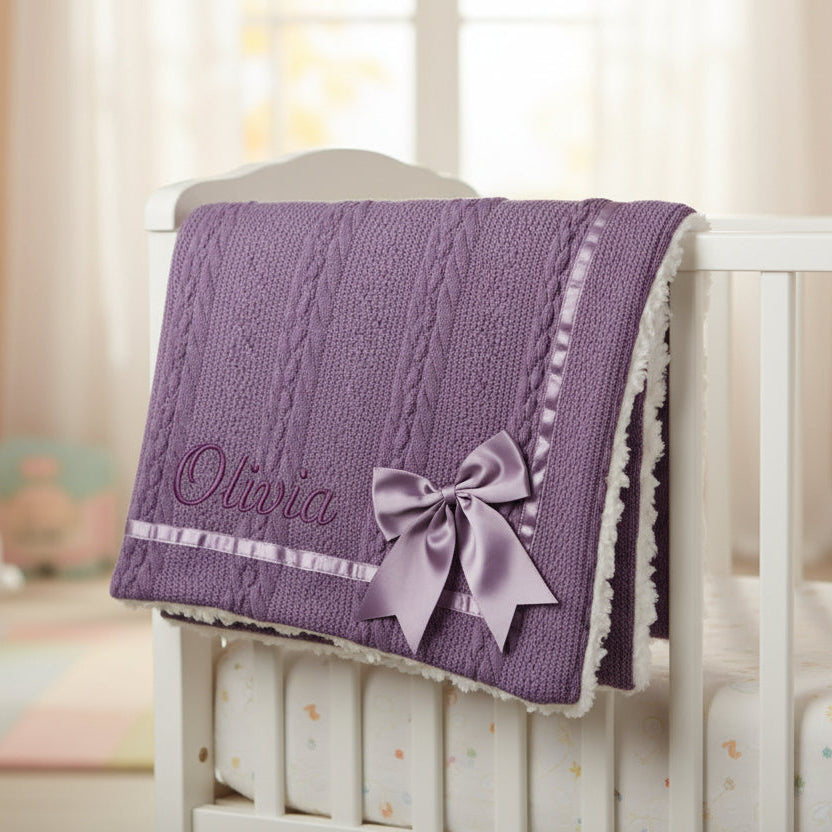 Purple Sherpa Back Knit Baby Blanket with Satin Bow  75x90cm Baby Blanket.