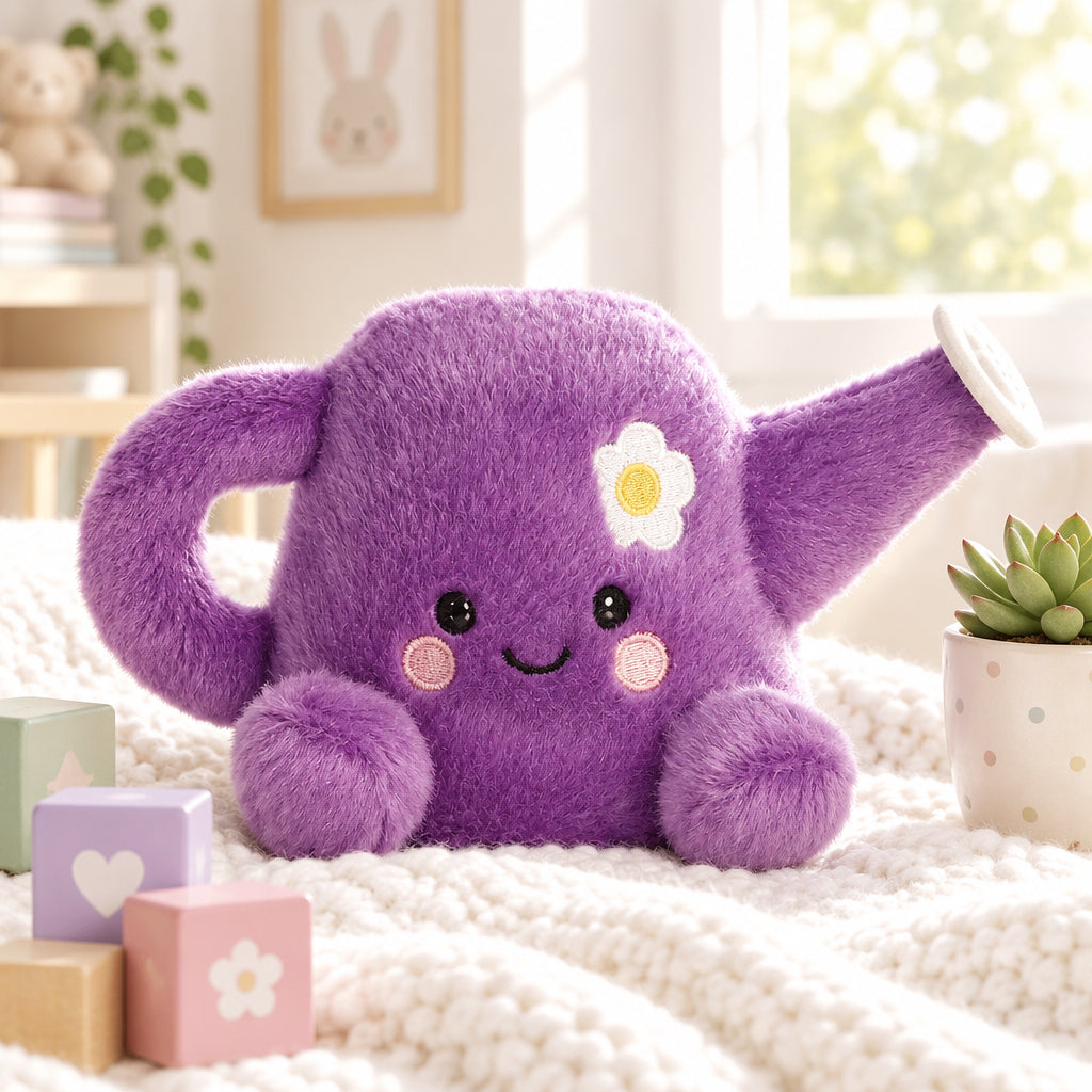 Purple Palm Pals Flo watering can soft toy with a smiling face, white flower, handle and spout.