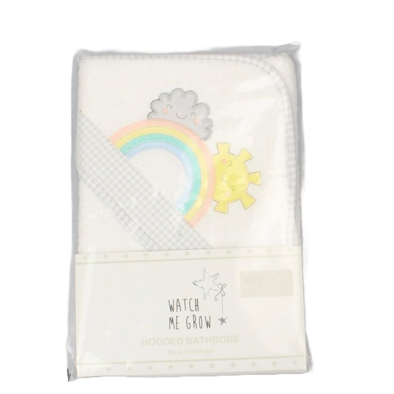 Unisex baby bath towel with a smiling rainbow, cloud and sun on the hood