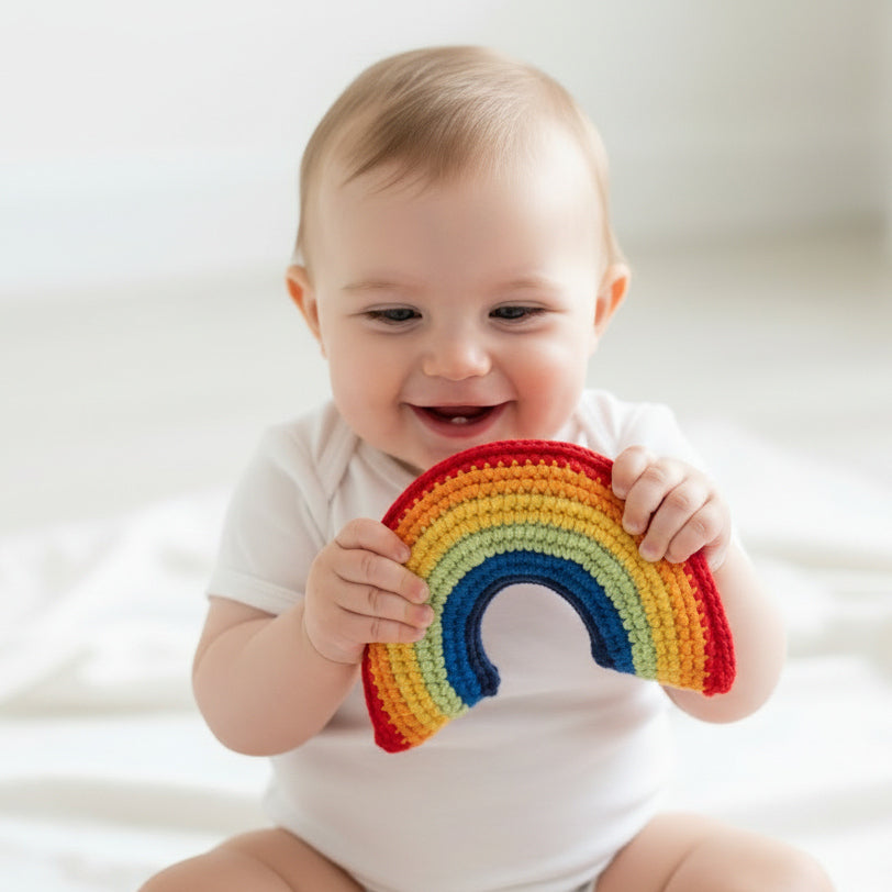 Brightly Coloured Crochet Rainbow Soft Toy Cuddly Toys.