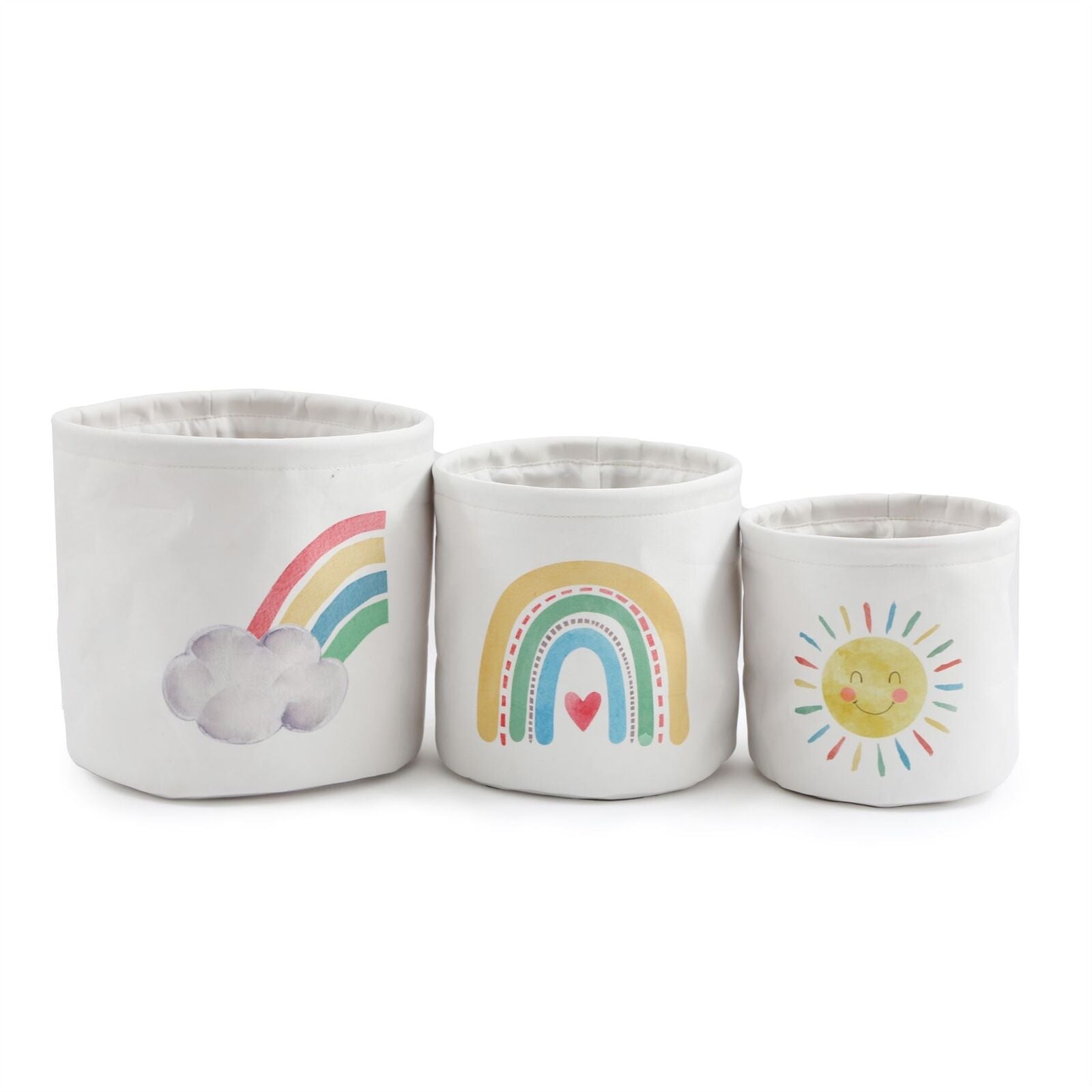 3 fabric nursery storage baskets with rainbow motifs