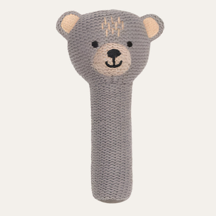 Knitted Bear Stick Rattle with Bell Sound - Baby Rattles - Bumbles & Boo