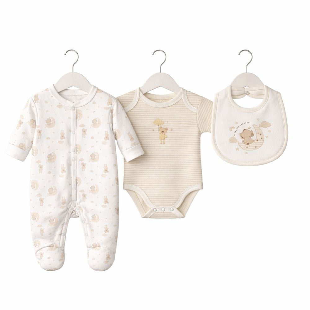 Baby clothing set with teddy bears and a moon in beige and cream.
