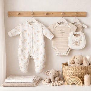 A baby clothing set which is cream and beige and has a teddy on the moon.