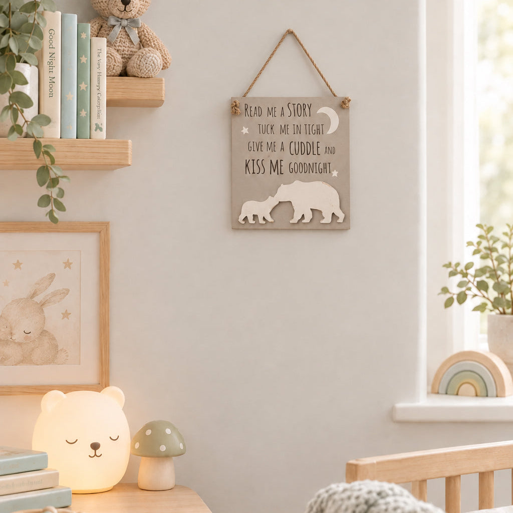 Grey Read Me a Story plaque hanging in a nursery, with white bear and cub, crescent moon and stars