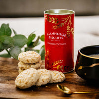 Red & Gold Coconut Biscuits Tube – luxury festive biscuit treat