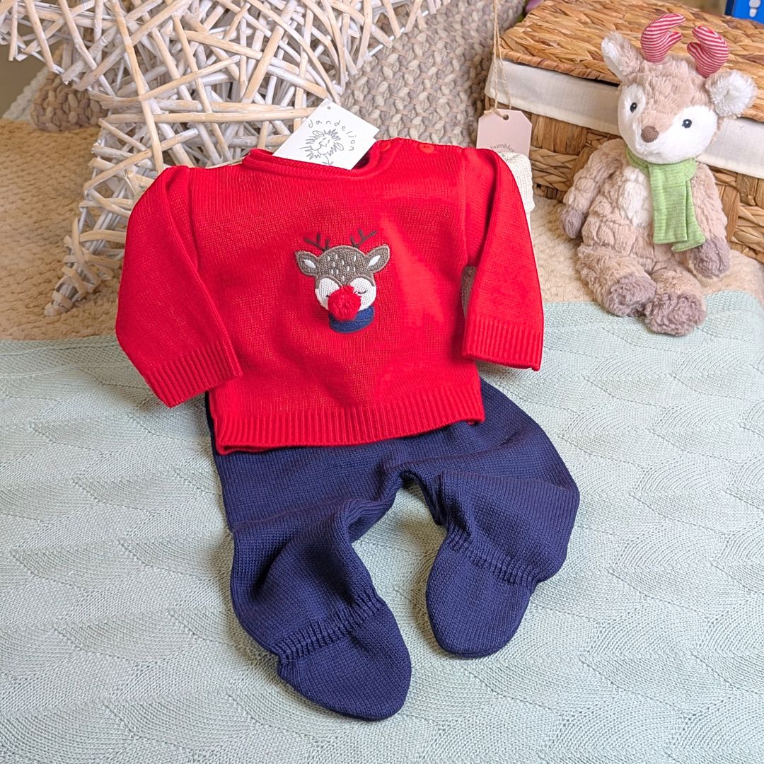 Reindeer knit baby first christmas clothing set.