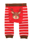 Adorable Reindeer Leggings, featuring a festive reindeer pattern. The leggings are finely knitted for comfort and mobility, with a ribbed waistband and ankles to keep them in place. Made from soft, cotton-rich fabric (80% Cotton) for gentle skin feel. Perfect for a festive, stylish baby outfit this Christmas season.