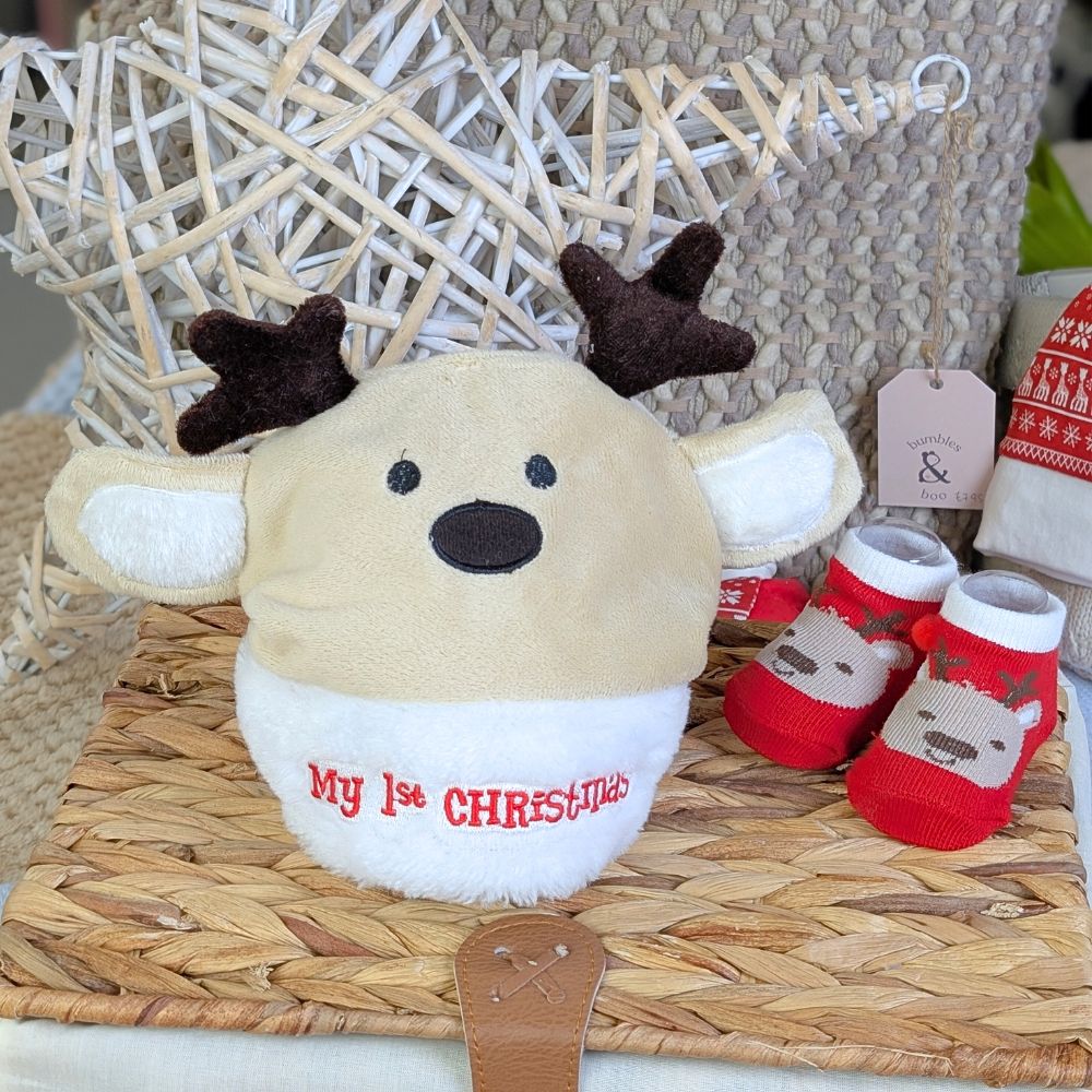 My First Christmas’ Baby Hat and Socks Christmas Gift Set - Reindeer Christmas.