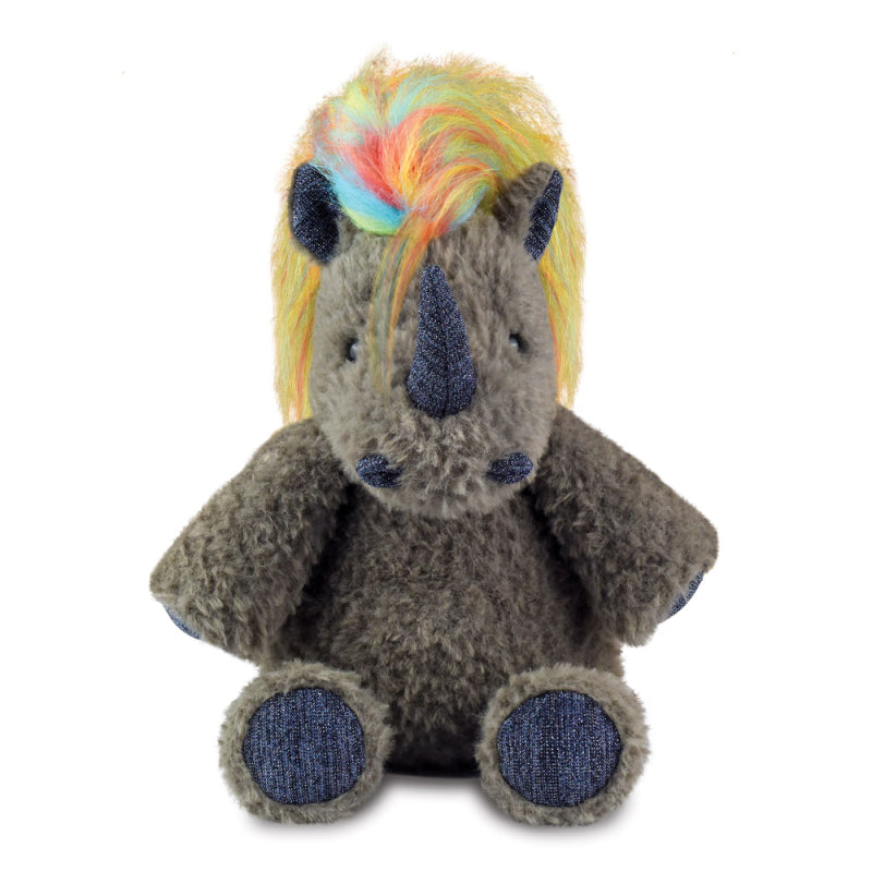 Soft cuddly plush rhino with grey plush fur and blue denim ears, tusks, horn and feet with a rainbow hair mane