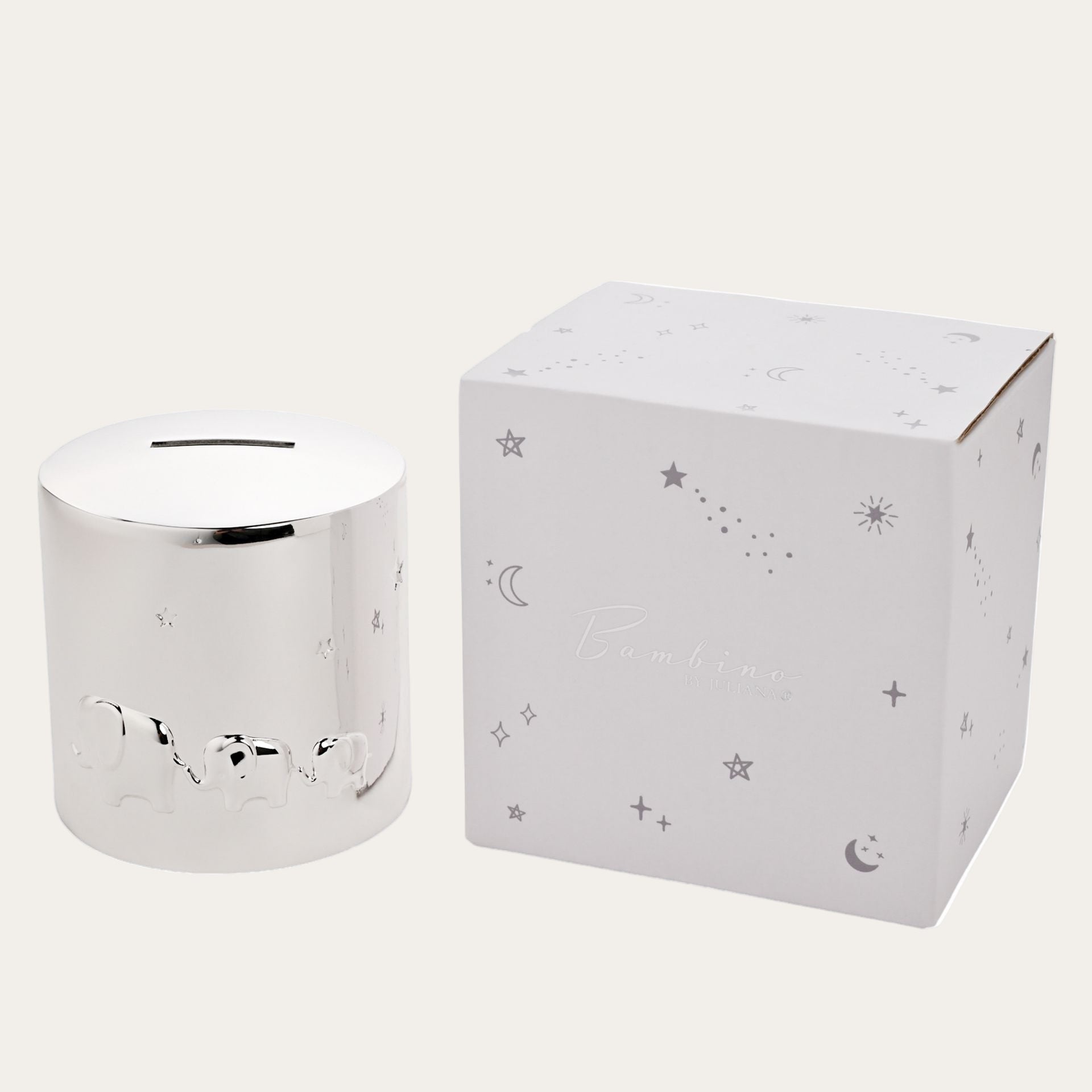 Round silver baby money box with elephant detail