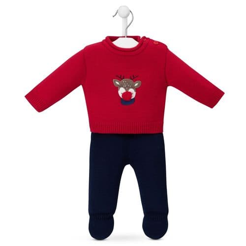 Red long-sleeve Rudolph top with red pom-pom and navy leggings