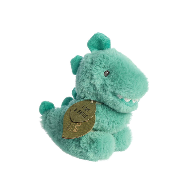 Loveable soft green rattle dragon made from recycled plastic bottles