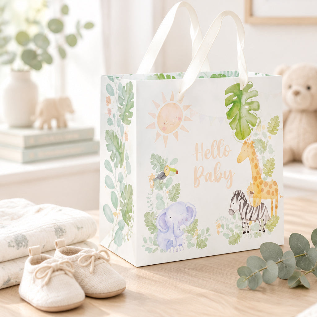 Safari Hello Baby gift bag measuring 26 x 32 x 12 cm