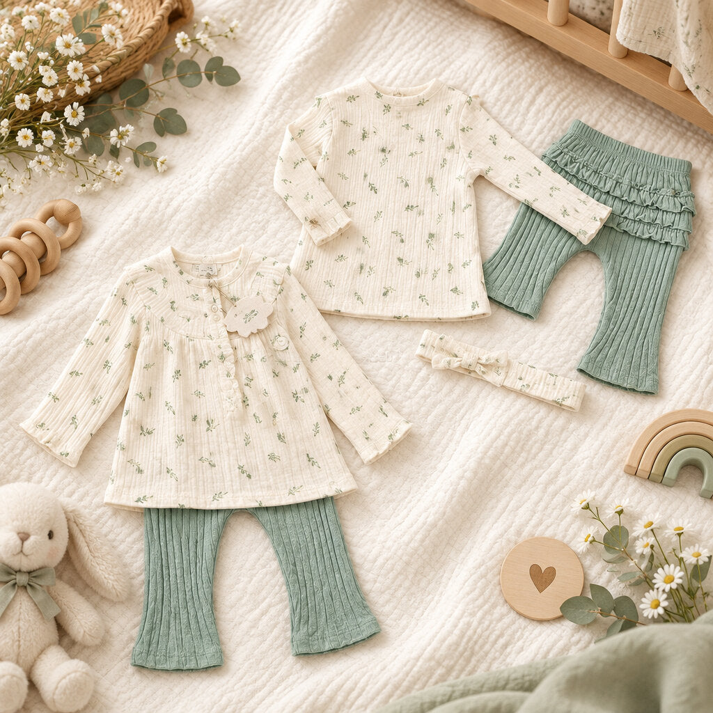 Off-white and sage baby girl 2 piece legging set with matching headband
