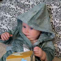 Sage Green Hooded Baby Bath Robe – Elephant & Dinosaur