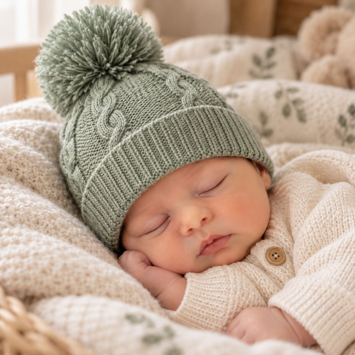 Sage Green Recycled Cable Knit Baby Pompom Hat Baby Hat.