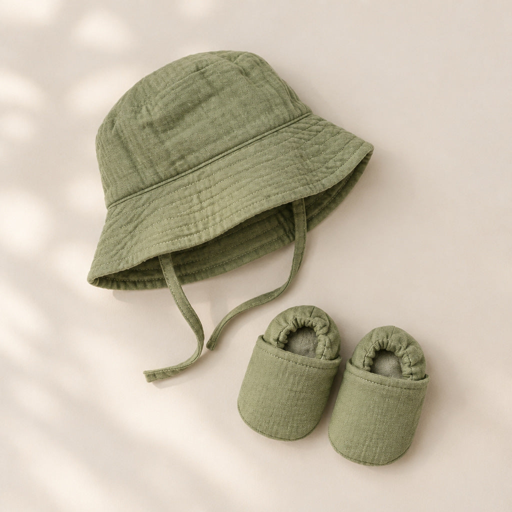 Sage green baby sun hat and matching booties set for 0-12 months
