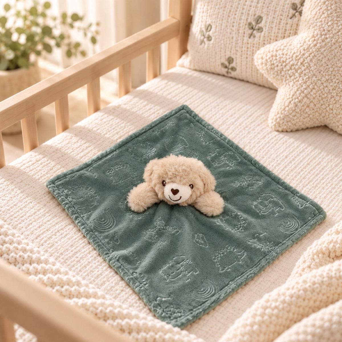 Soft Sage Baby Comforter – Bear Head and Embossed Texture