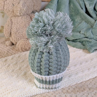Sage green knitted baby pompom hat.