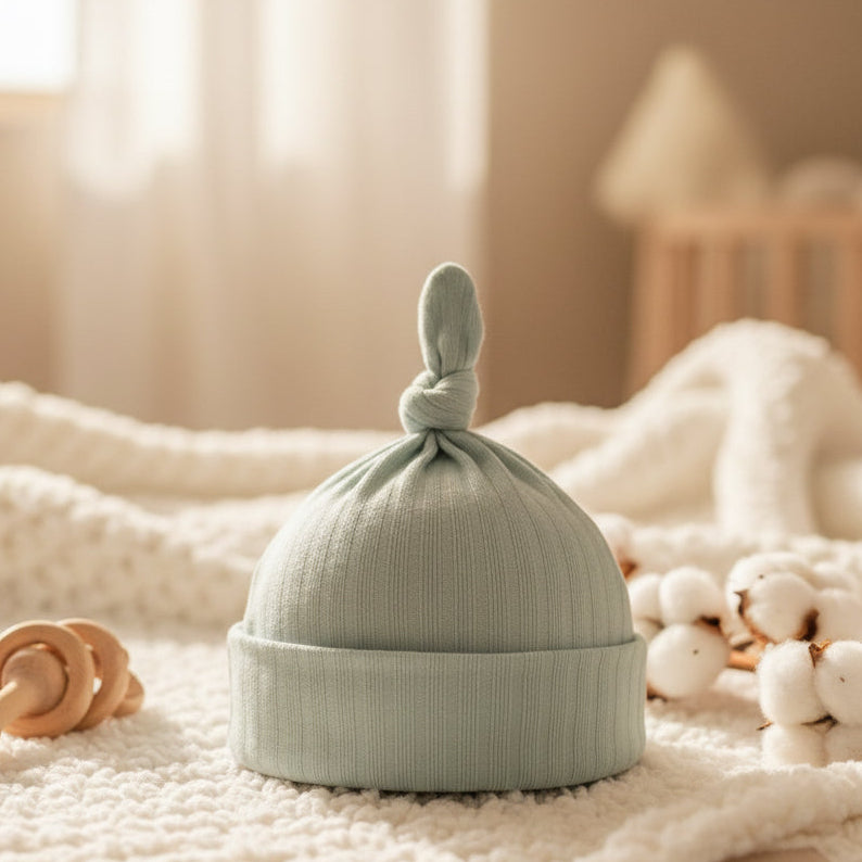 Sage green ribbed Baby Hat with knotted top