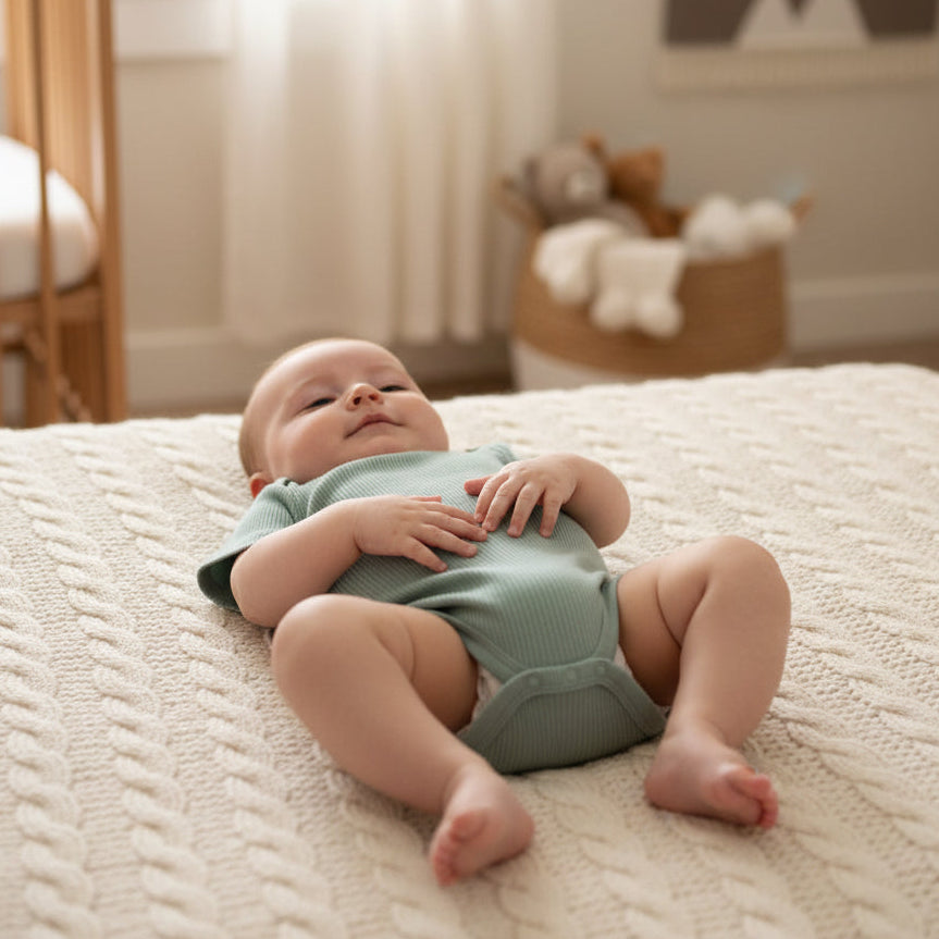 Sage green ribbed Baby Bodysuit with short sleeves and popper fastening
