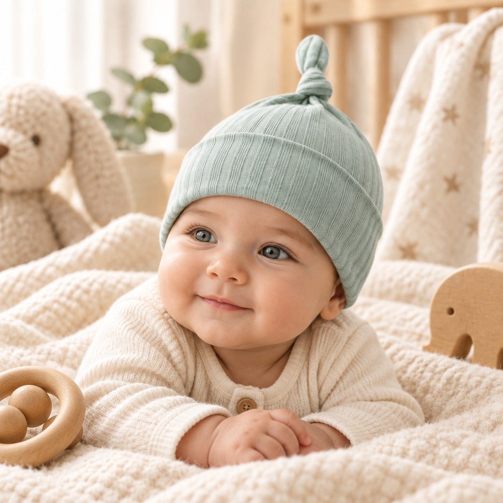 Sage green ribbed baby hat 0-6 months