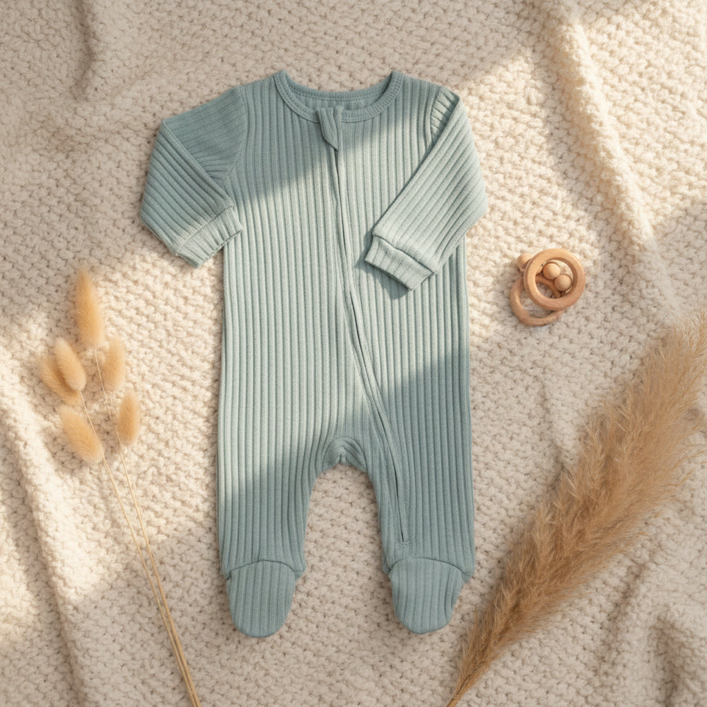 Sage green ribbed Baby Sleepsuit with long sleeves and covered feet
