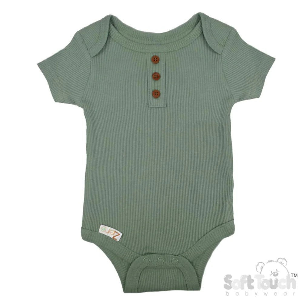 Green baby bodysuit with 3 brown buttons