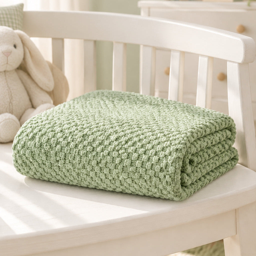Sage green waffle baby blanket folded on a white chair beside a cream bunny toy.