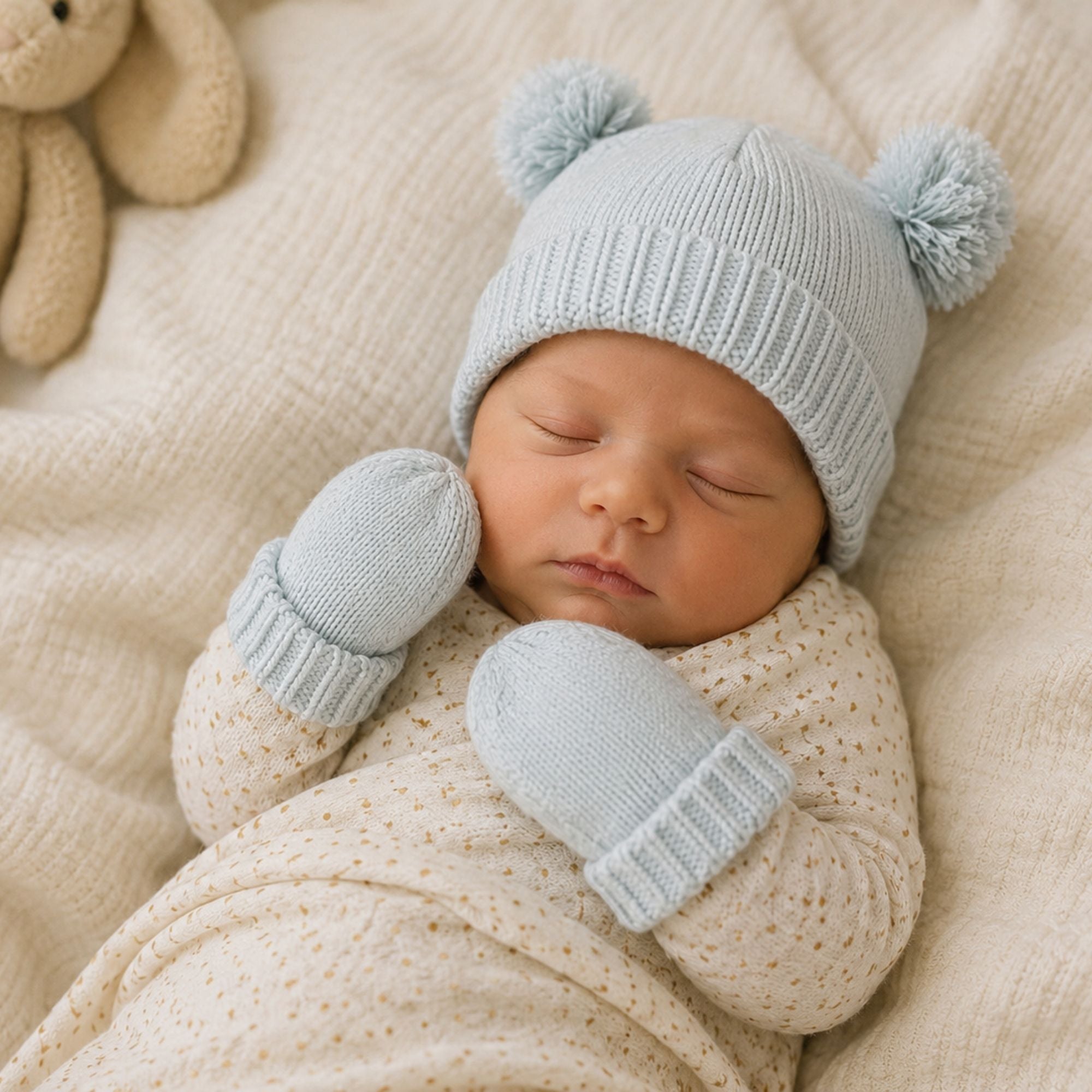 Baby sage hat and mitt set by Katie Loxton