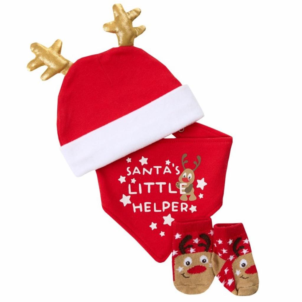 Red santa&#39;s little helper set hat, bib and socks with reindeer antlers on the hat