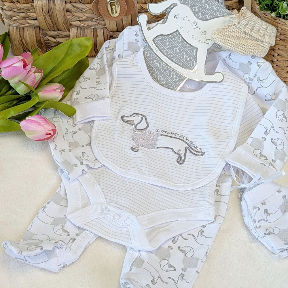 Sausage Dog Baby Clothing Gift Set – 5 Piece White and Grey