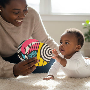 Mother showing colourful Belo + Me baby art cards to baby during tummy time, featuring bold black, yellow and pink patterns for visual stimulation.
