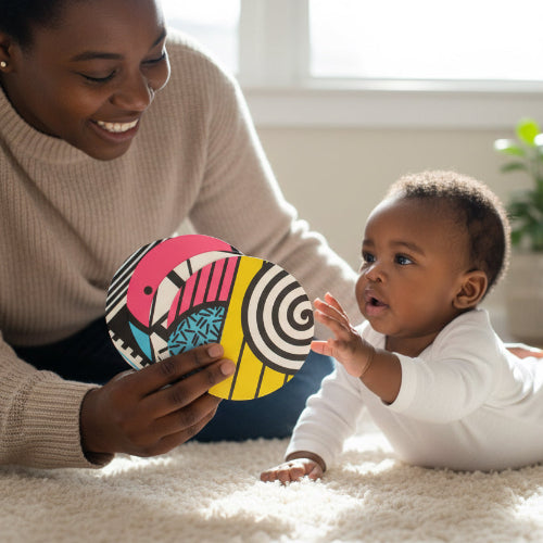 Mother showing colourful Belo + Me baby art cards to baby during tummy time, featuring bold black, yellow and pink patterns for visual stimulation.
