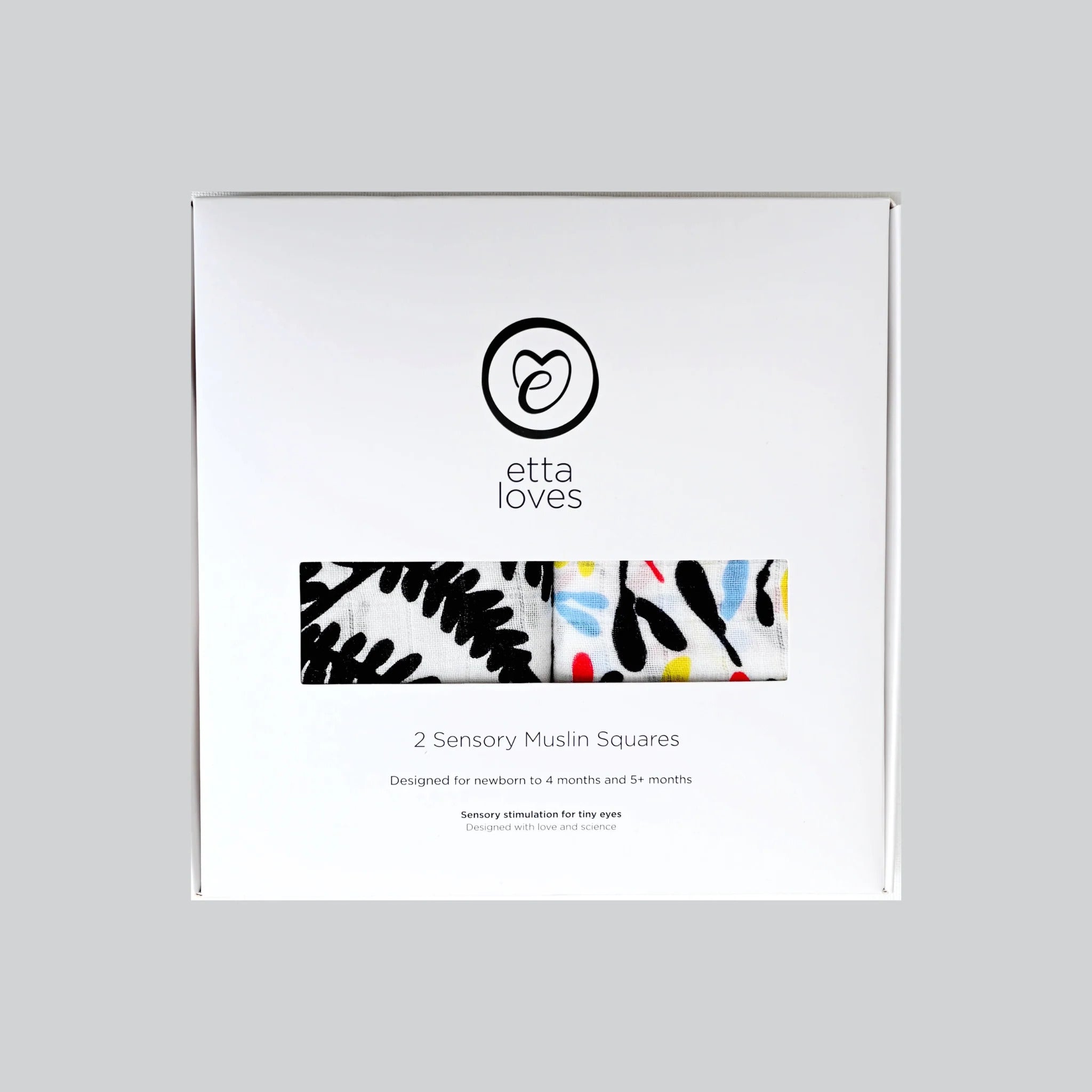 Sensory organic muslin gift set of 2 shown in presentation box. Etta Loves. 